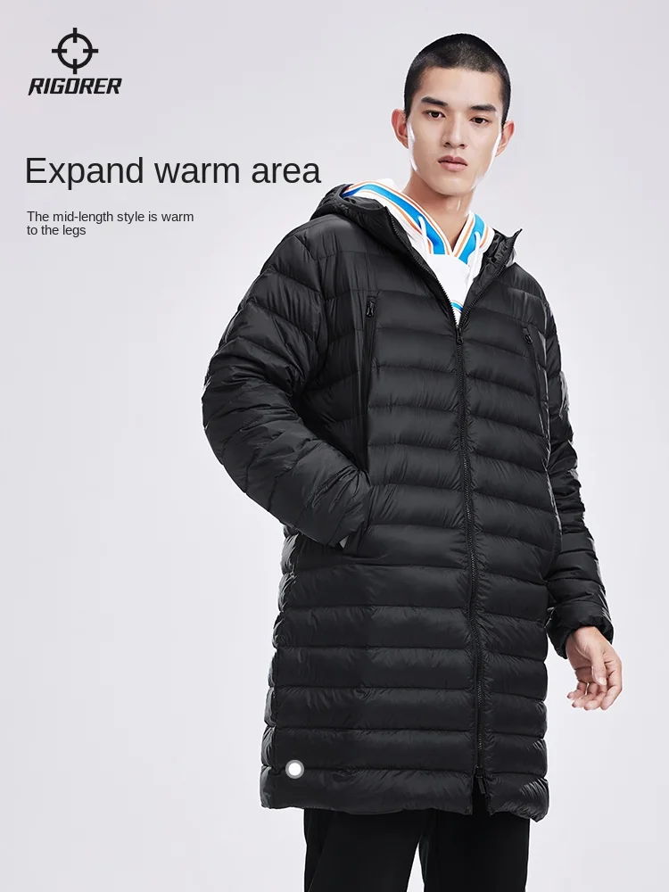 RIGORER  outdoor Men Down Jacket Winter New Hooded Sports Basketball Casual Lightweight Mid-length Down Jacket warm coat