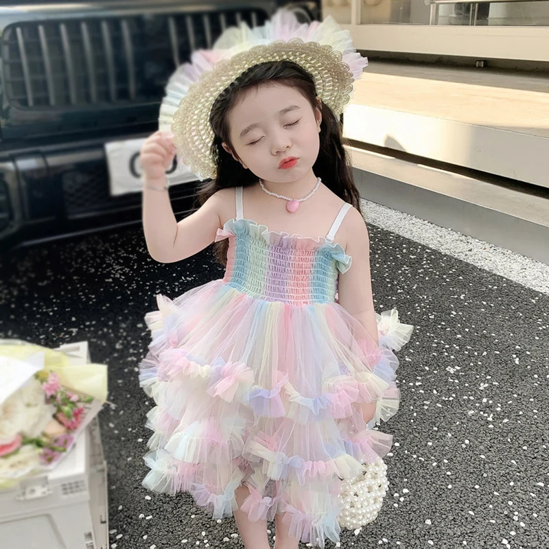 Summer Children Girls Party Dresses Halter Cake Dress Girls Colorful Bows Refreshing Fashion Exquisite Beauty Delicacy Dresses