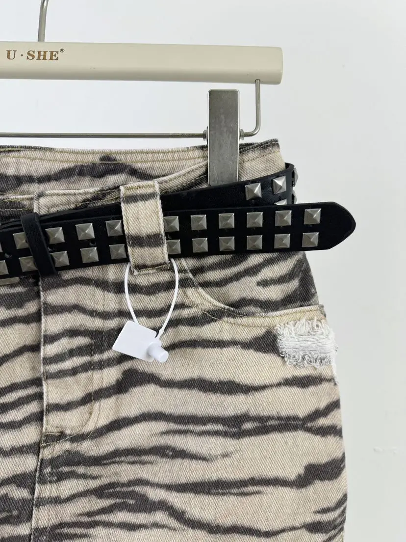 Summer New High Street Zebra Pattern Denim Short Skirt with Holes A-shaped Skirt