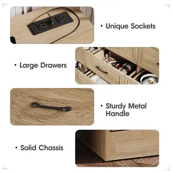 Vabches 臥室木質梳妝台,9 個抽屜,附電源插座和金屬把手,可作為走廊收納櫃。 10 最佳銷售 九抽屜櫃 - №6