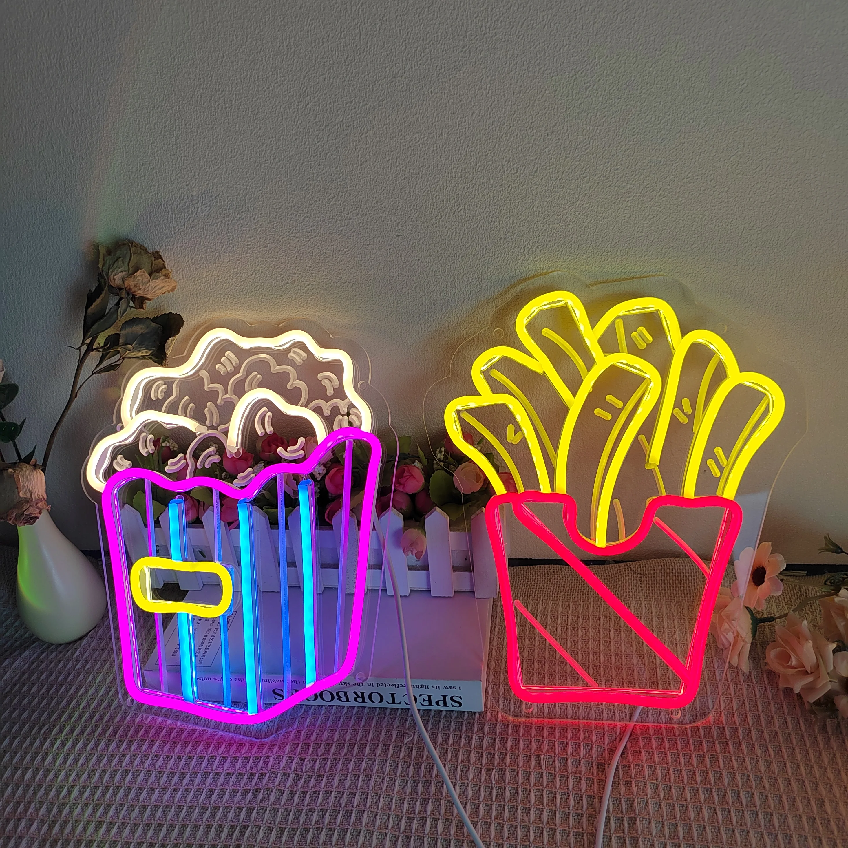 Business Neon Light Led Lights French Fries Popcorn Sign For Restaurant Eating House Decor Wall Neon Sign Fast Food Shop Cinema