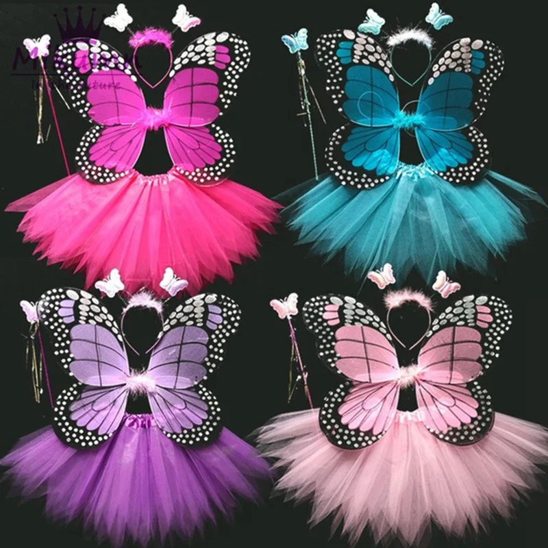 4 piece shining butterfly wing wand headband tutu skirt Christmas Halloween cosplay costume for Fairy Girls kids 13 colors