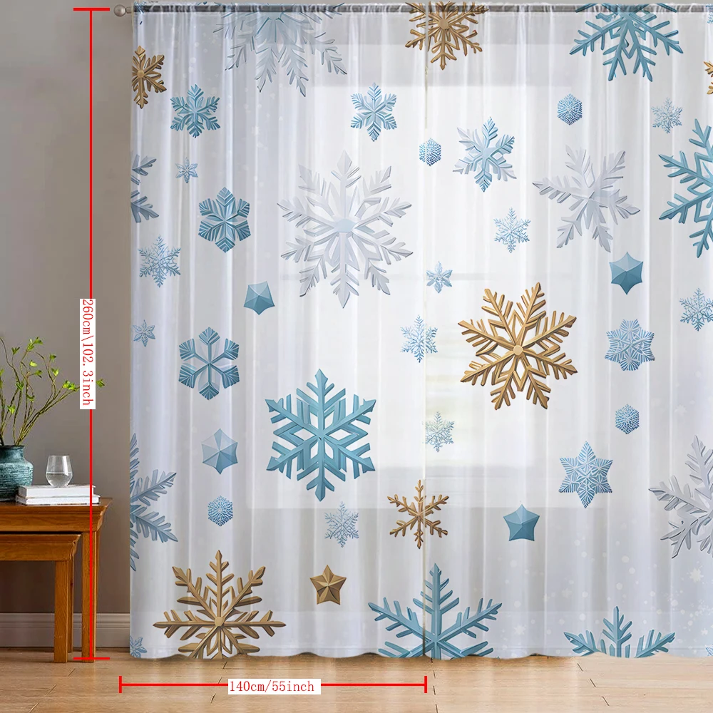 2PCS Home decoration printed window screens, blue gold snowflakes, with pole bags, suitable for kitchens, cafes, and living room