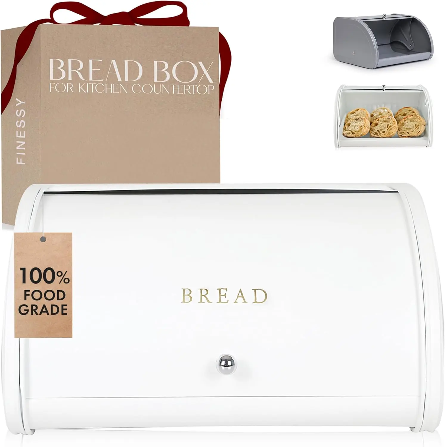 

Modern White Metal Bread Box for Kitchen Countertop Storage, Farmhouse Stainless Steel Loaf Keeper