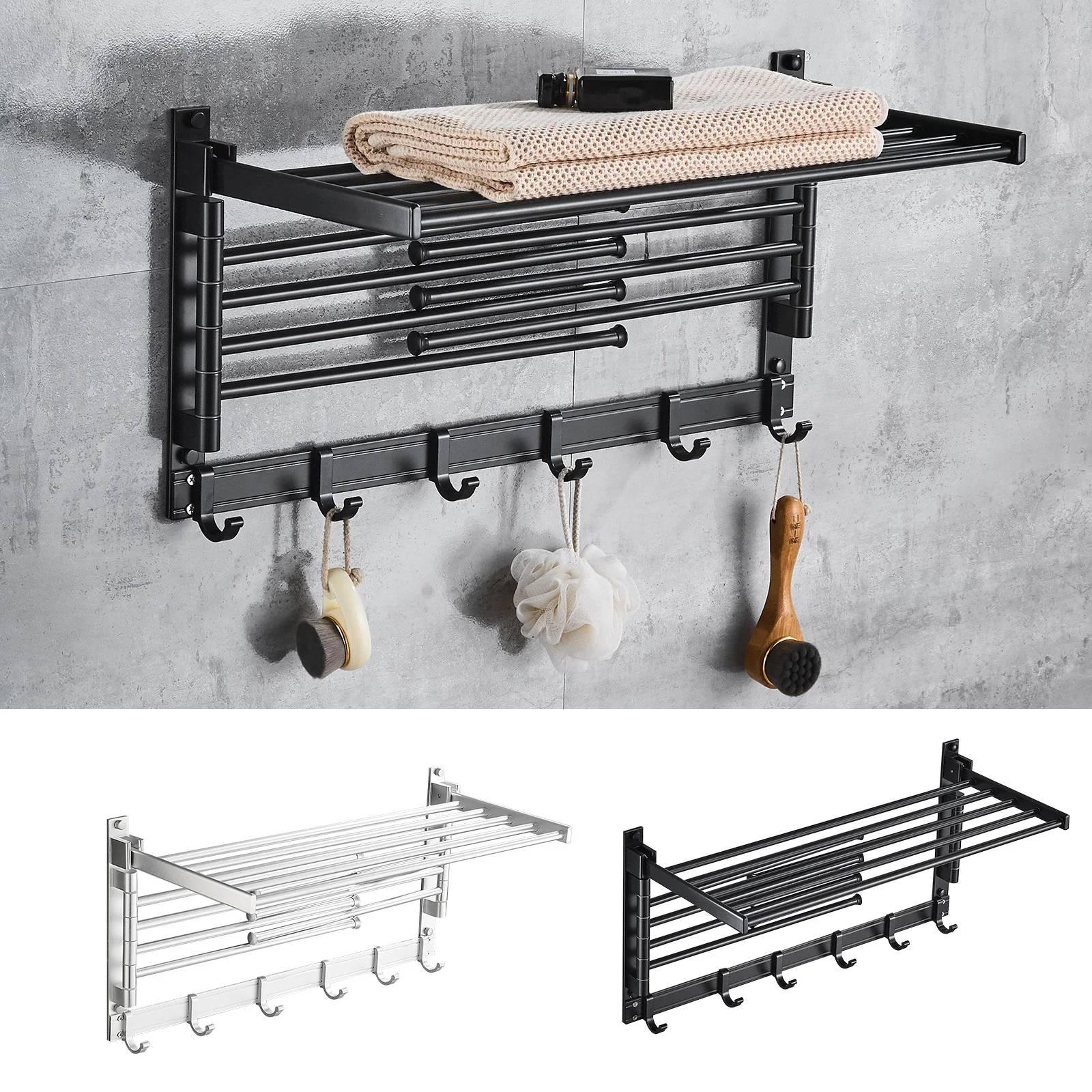 40cm Space Aluminum Towel Rack With Hooks&Swing Arms For Laundry Room And Bathroom(Black/Silver)