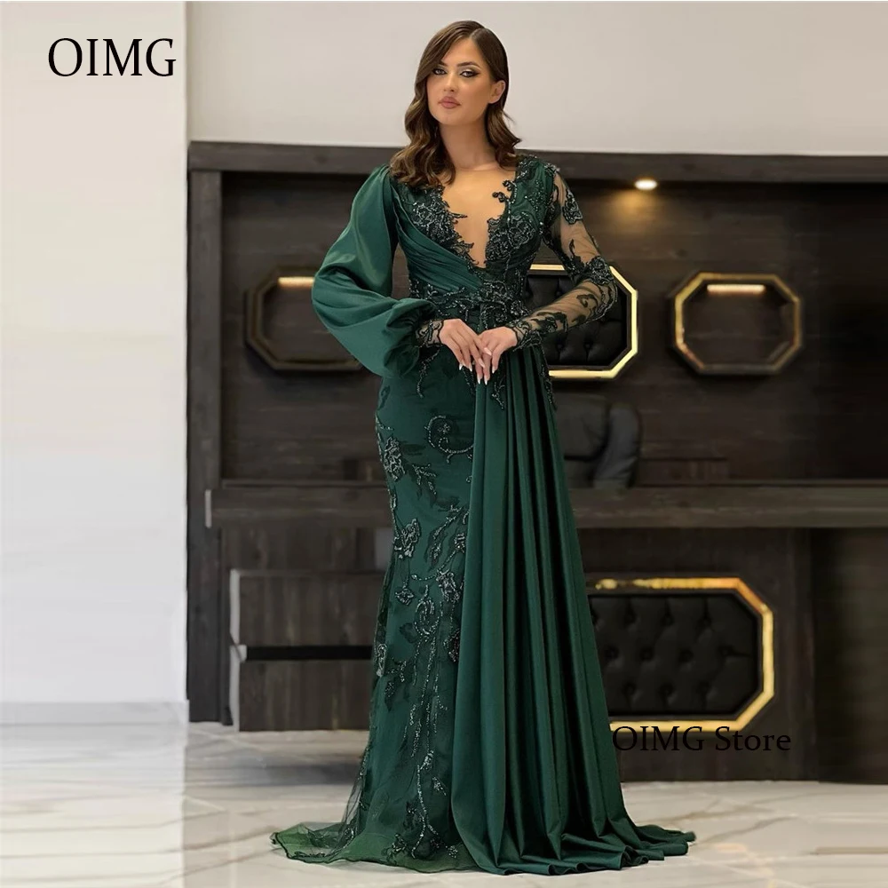 

OIMG Elegant Dark Green Mermaid Lace Evening Dresses Puff Long Sleeves Sheer Neck Half Train Dubai Arabic Women Formal Prom Gown