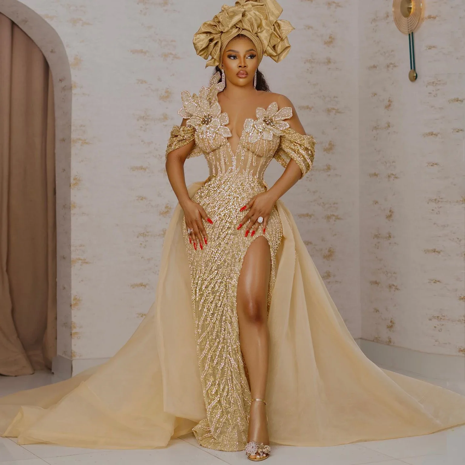 

With Detachable Train Handmade 3D Flower Nigerian Wedding Reception Dress Dinner Sparkling Gold Lace Beaded African Prom Dresse