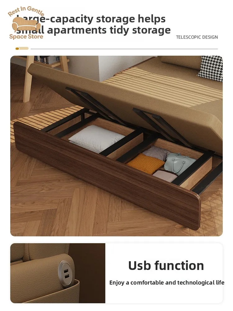 Folding sofa bed integrated dual-purpose multi-functional small apartment walnut solid wood 2025 new lazy small sofa