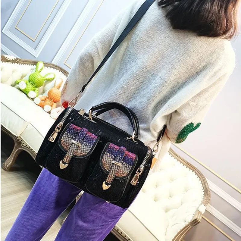 Women Fashion Mesh Netting Iridescent Paillette Rhinestone Messenger Bag Lady Casual Shiny Office Pockets Portable Handbag