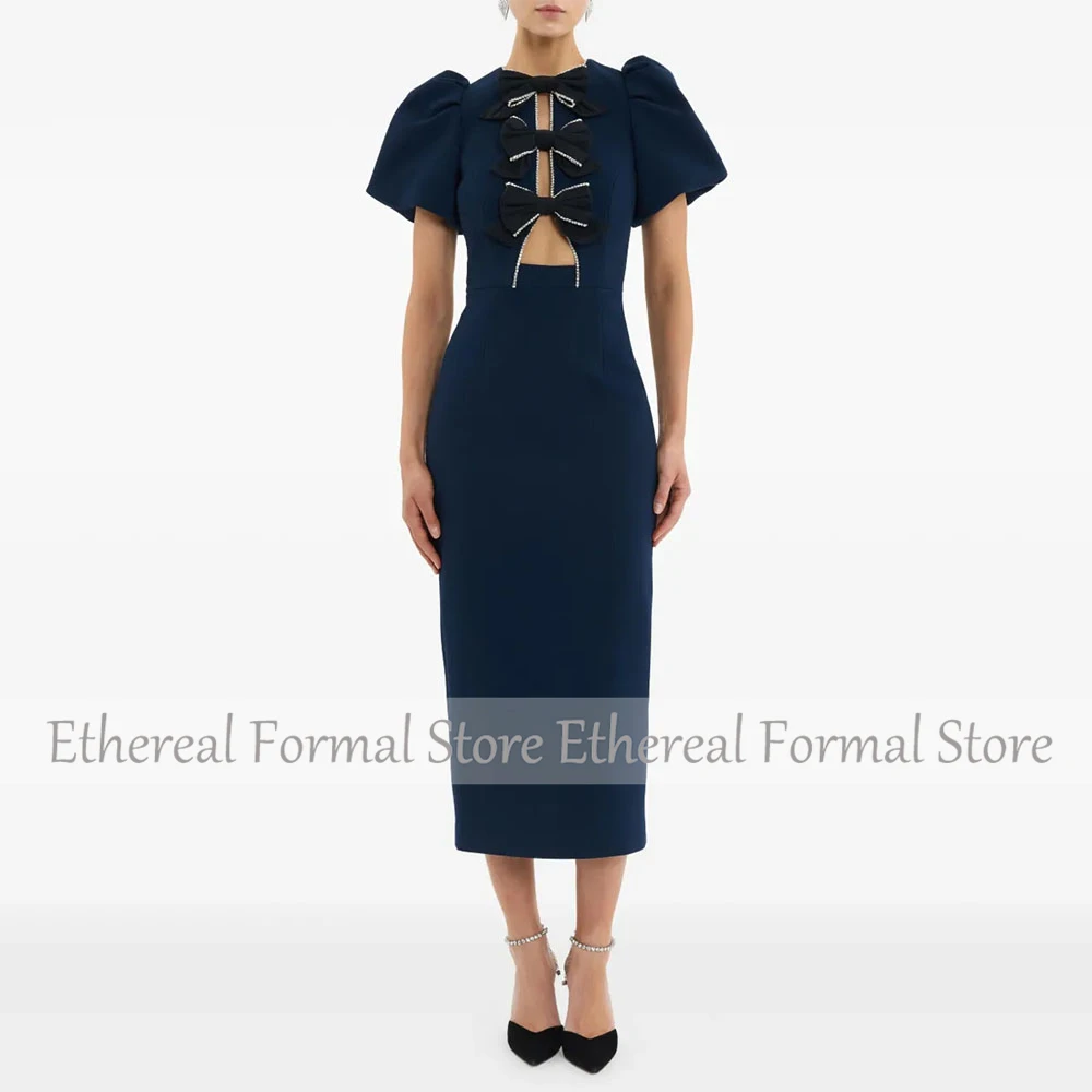 Modern Custom Women's Evening Gown Sheath Ankel Length Formal Party Dress O Neck Saudi Dress Short Sleeves Bow Prom Dress