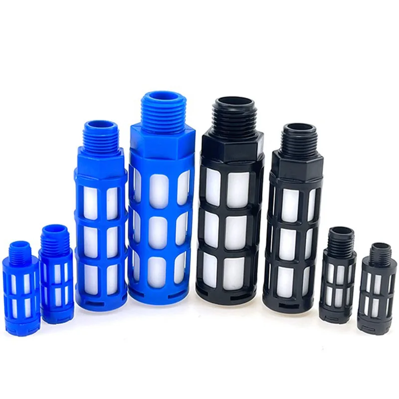 ตัวเก็บเสียงลมแบบนิวเมติก ตัวเก็บเสียงไอเสียพลาสติก เกลียวตัวผู้ 1/8 1/4 3/8 1/2  ตัวกรองดูดซับเสียงแบบล็อคเร็ว สำหรับปั๊มพ่นหมอก สีฟ้า