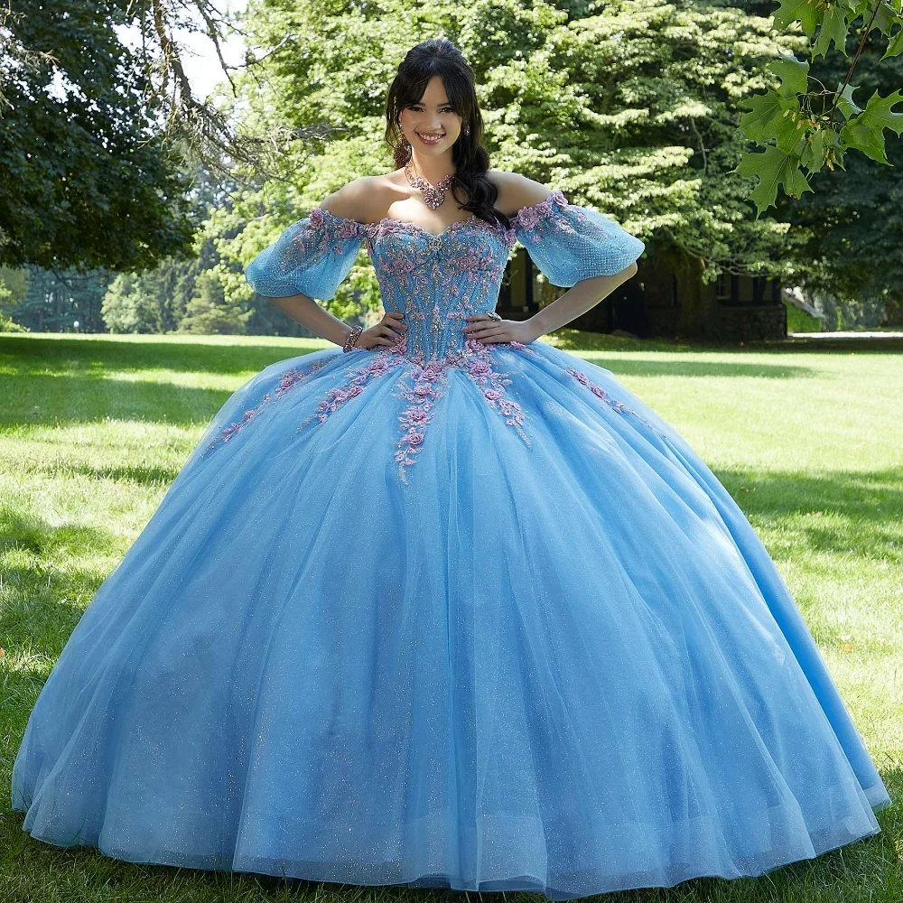 EVLAST-Vestido De quinceañera azul De México, Media manga, apliques De flores florales en 3D, lazo De cuentas, dulce 16, Vestido De 15 años, TQD072