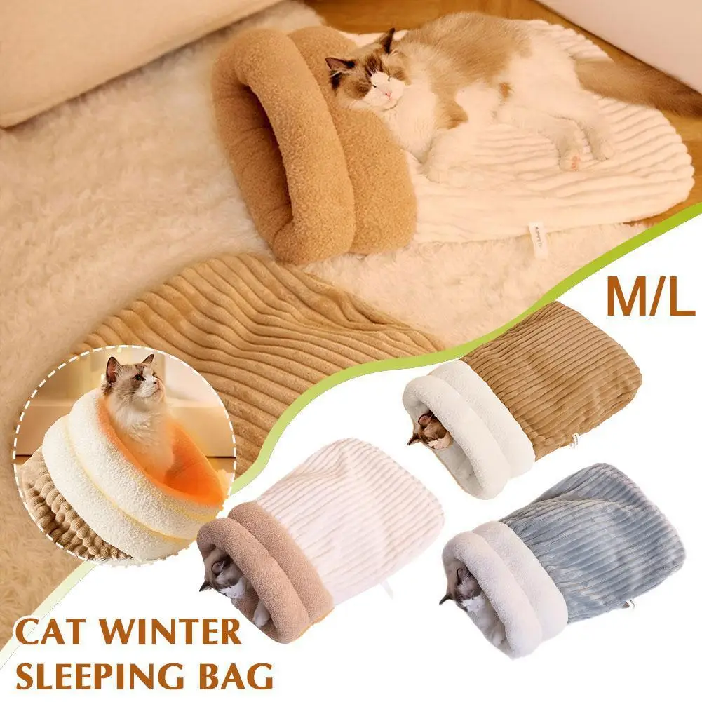 1pc Sleeping Bag Nest With Striped Down Cat Winter Sleeping Bag Soft Plush Large Cat Sack Self Warm Comfortable Pet Snuggle Sack