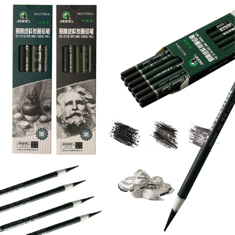 12pcs Sketch Charcoal Pen Set Thicken Refills Not Easy To Break for Travel Sketching Clothing Architectural Design Art Creation