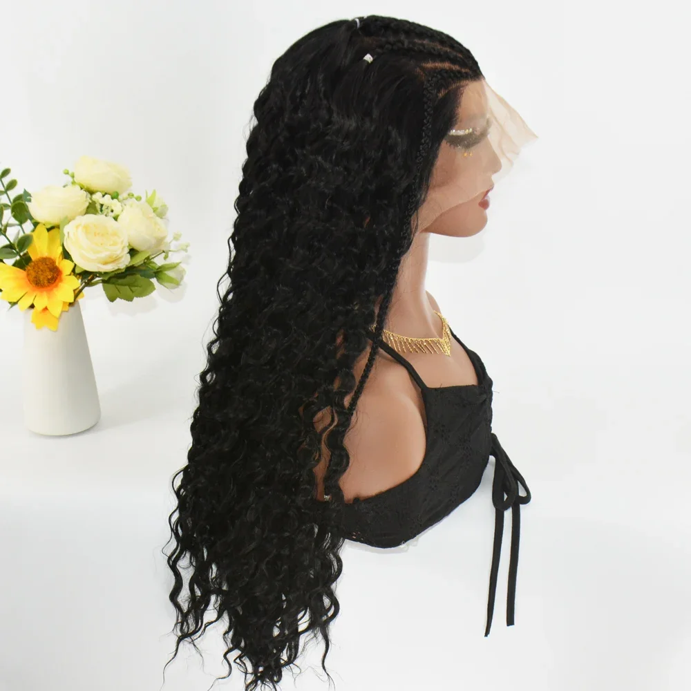 13x6 frente do laço trançado perucas afro kinky encaracolado 24 Polegada peruca longa encaracolada sintética para mulheres peruca de moda de renda transparente uso diário