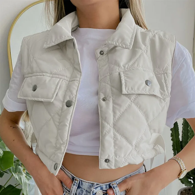 

2022 Women Cropped Gilet Jacket Sleeveless Europe and America Fashion Casual Streetwear Woman Waistcoat Tops Cotton Veste Femme