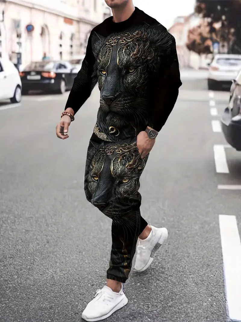

Men's set of sportswear, gold lion 3D printed long sleeved T-shirt, fashionable men's pullover shirt, casual sports pants set