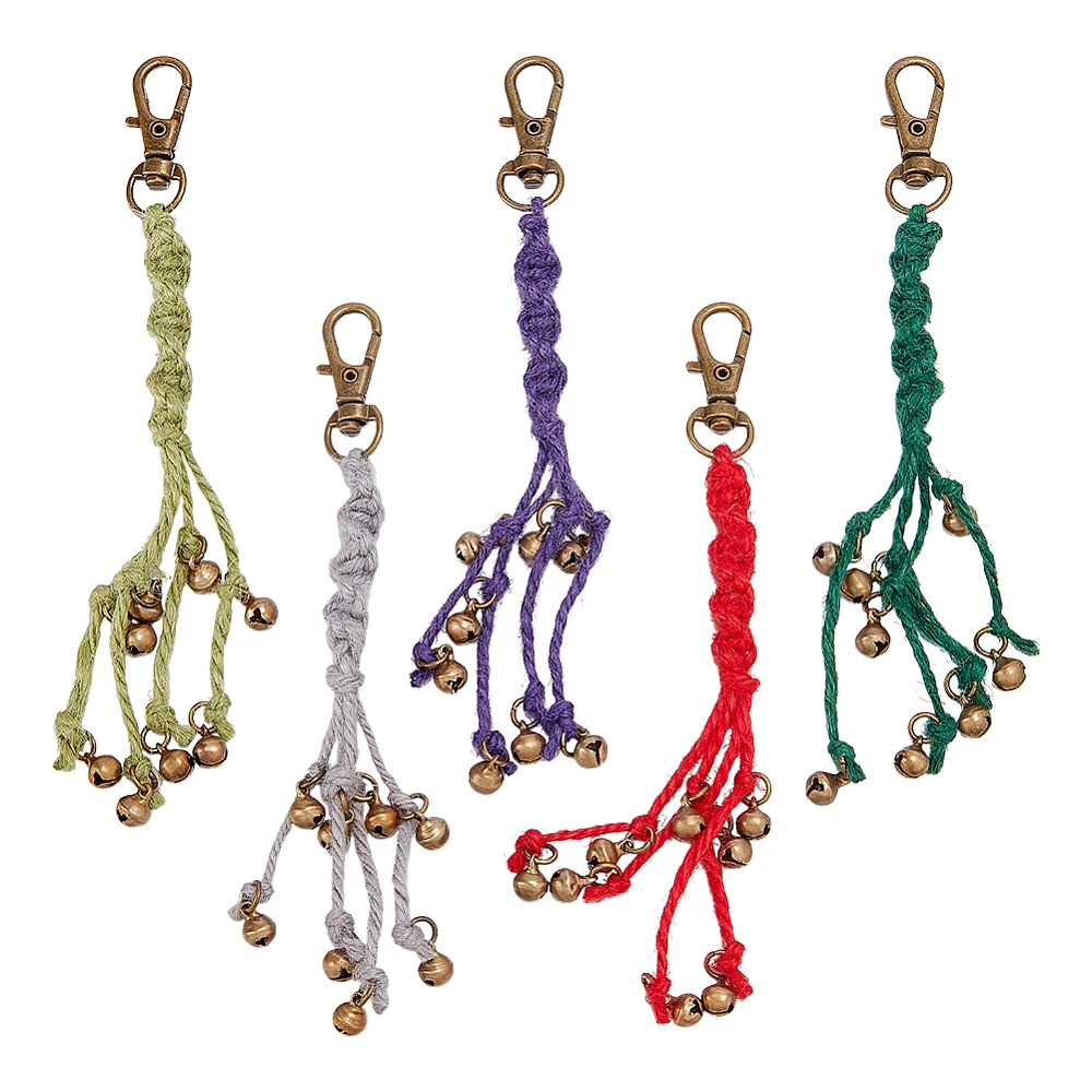 5Pcs Mini Witch Bell Keychains 5 Colors Protection Witchcraft Supplies Set Door Bell Keychain Jute Hanging Decor 5.5-5.7 Inch