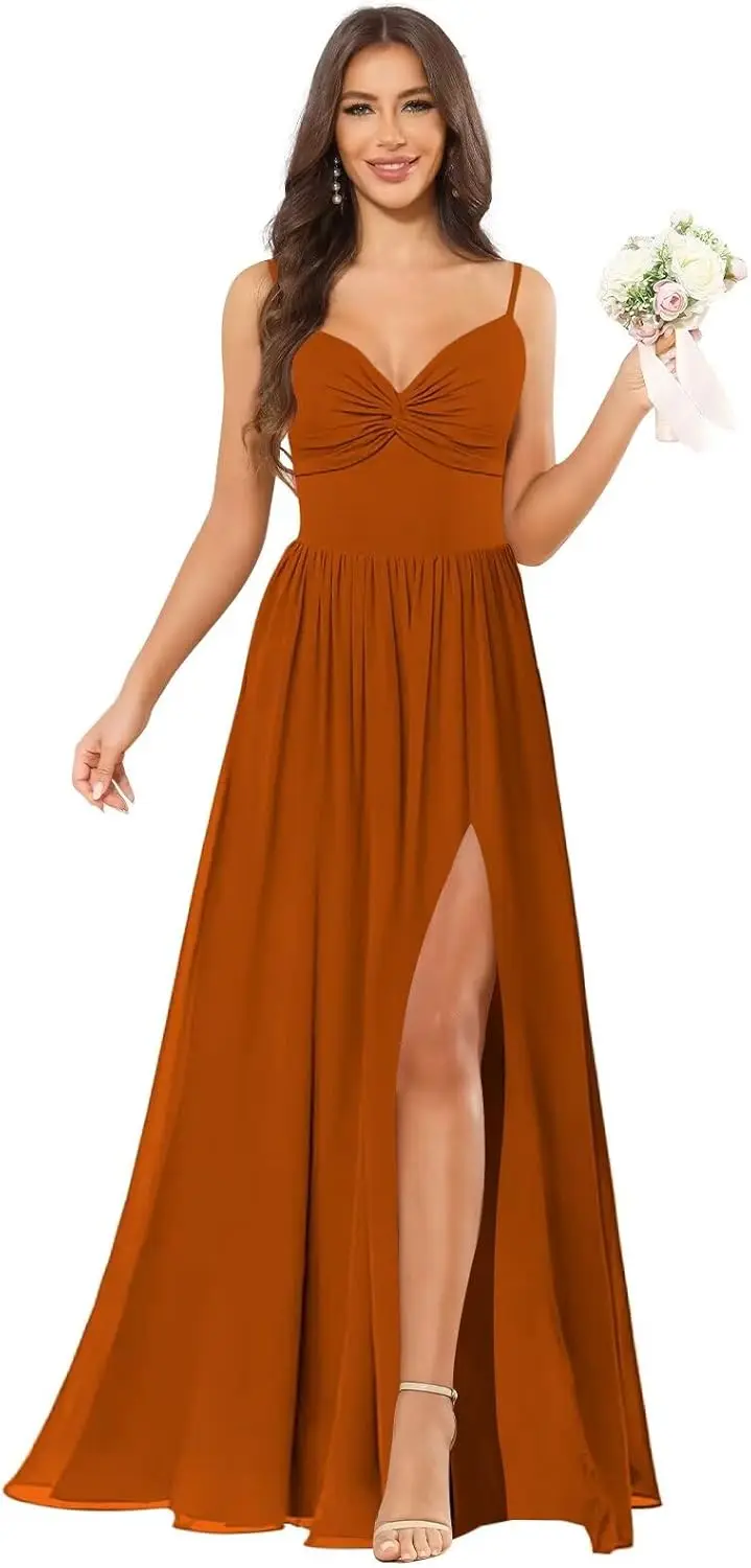 Dames A-lijn V-hals Bruidsmeisjesjurken voor dames met split Spaghettibandjes Geplooid Chiffon Formele avondjurk Feestjurk