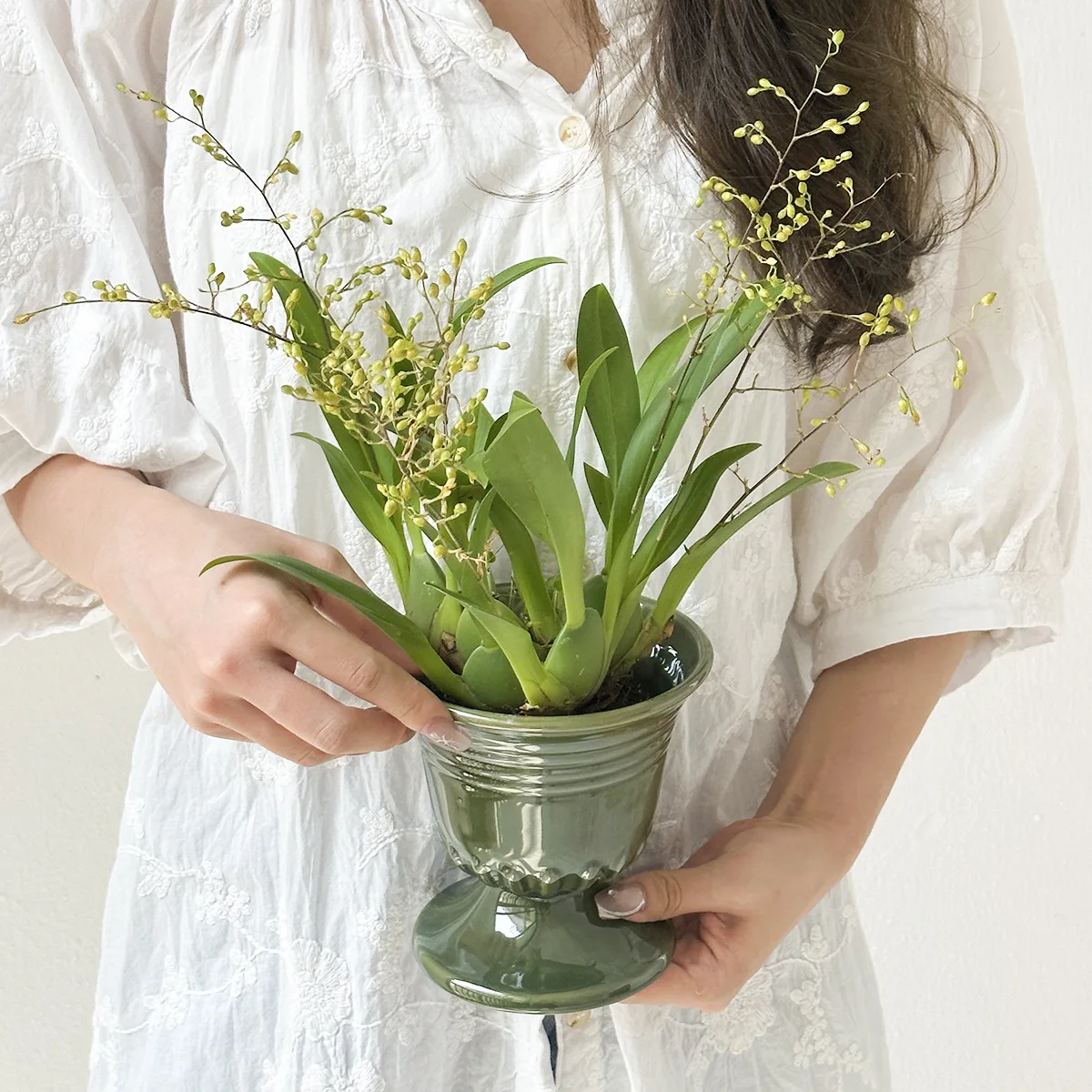 

Vintage Green Ceramic Flower Pot Christmas Gift Orchid Plant Cafe Decor