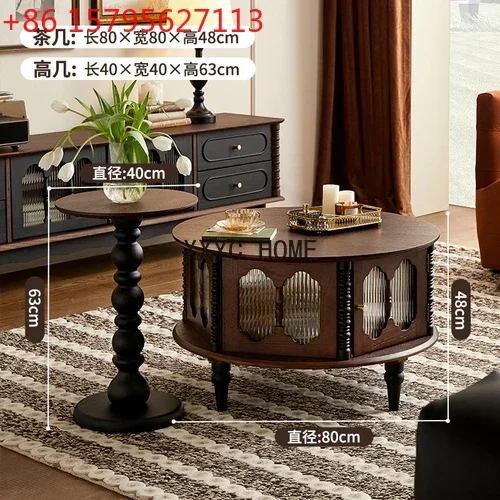 

French Retro Solid Wood Coffee Table TV Cabinet Combination round Changhong Glass Tea Table