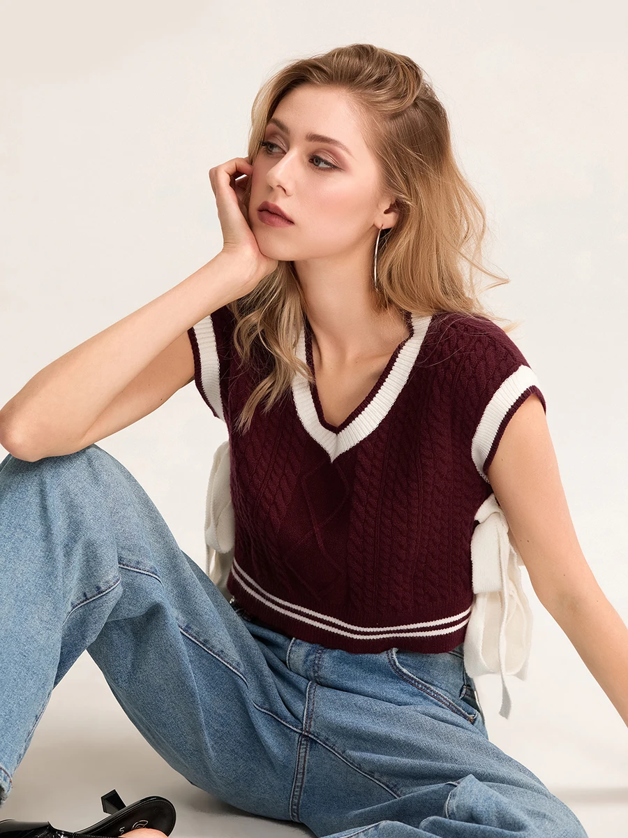 Women s Crop Knit Sweater Vest V Neck Sleeveless Side Tie Contrast Color Knitwear