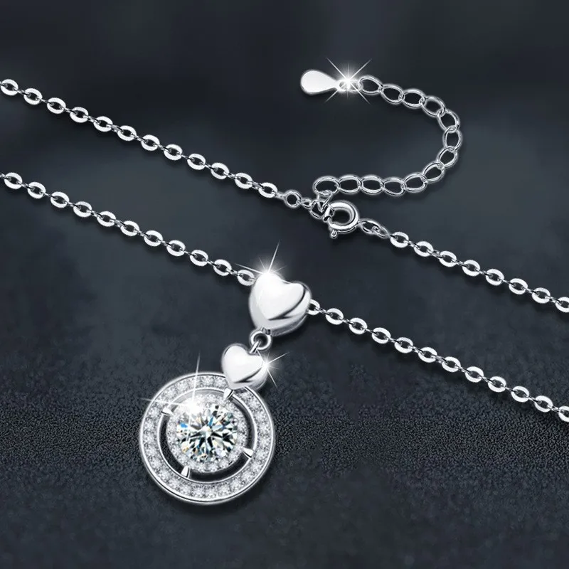 

ZFSILVER Fashion Trendy 925 Silver 1ct Moissanite Double Heart Round Necklace Charms Women Accessories Party Jewelry Gift XMZ068
