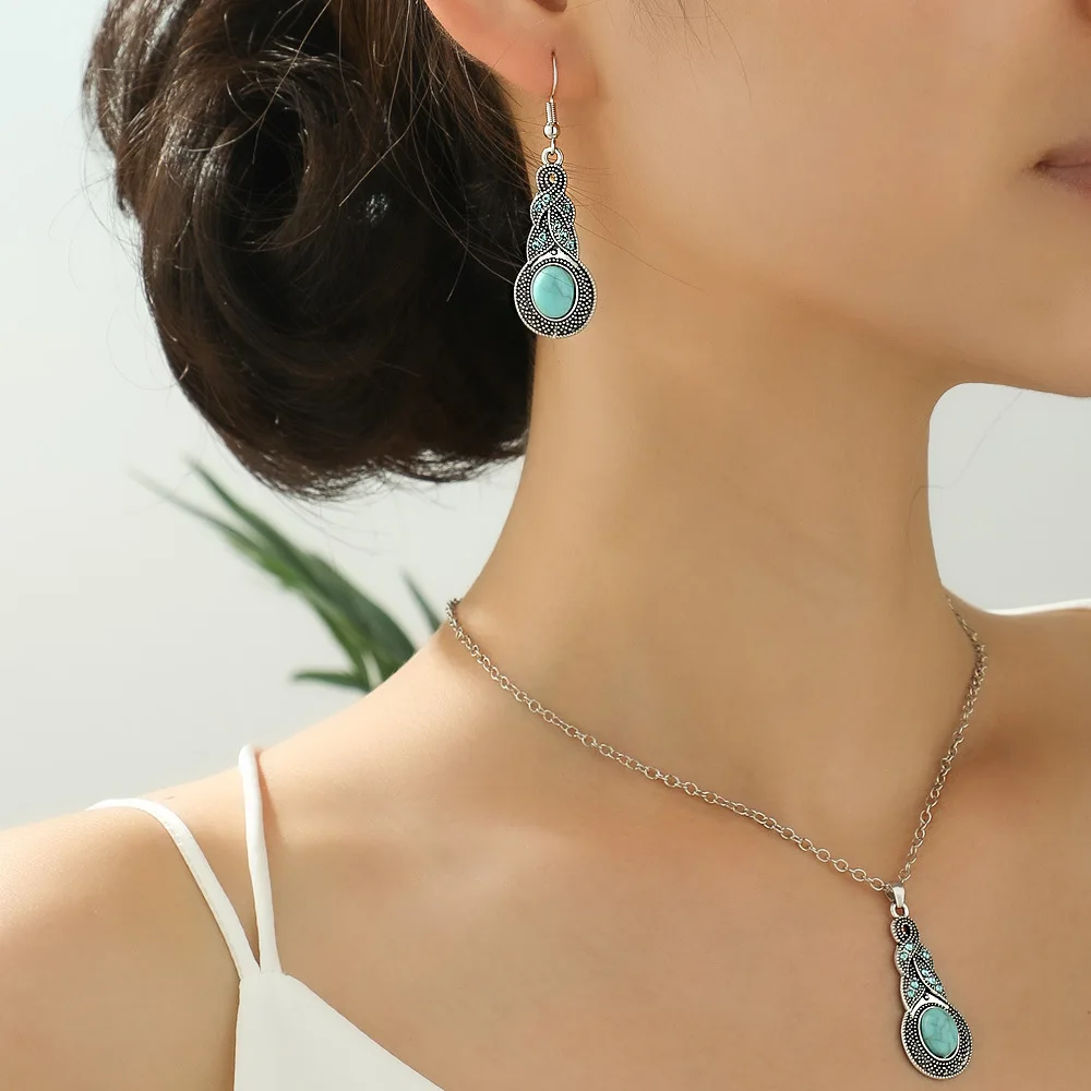 Vintage Bohemian Imitation Turquoise Earrings Necklaces Set for Women Classic Flower Round Water Drop Silver Color Jewelry