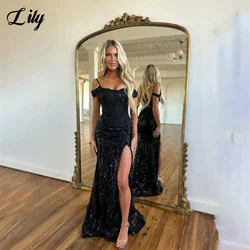 Lily Black Sequin Mermaid Prom Dresses Off the Shoulder Short Sleeves فستان سهرة نسائي Side Split Sweetheart Formal Dinner Dress