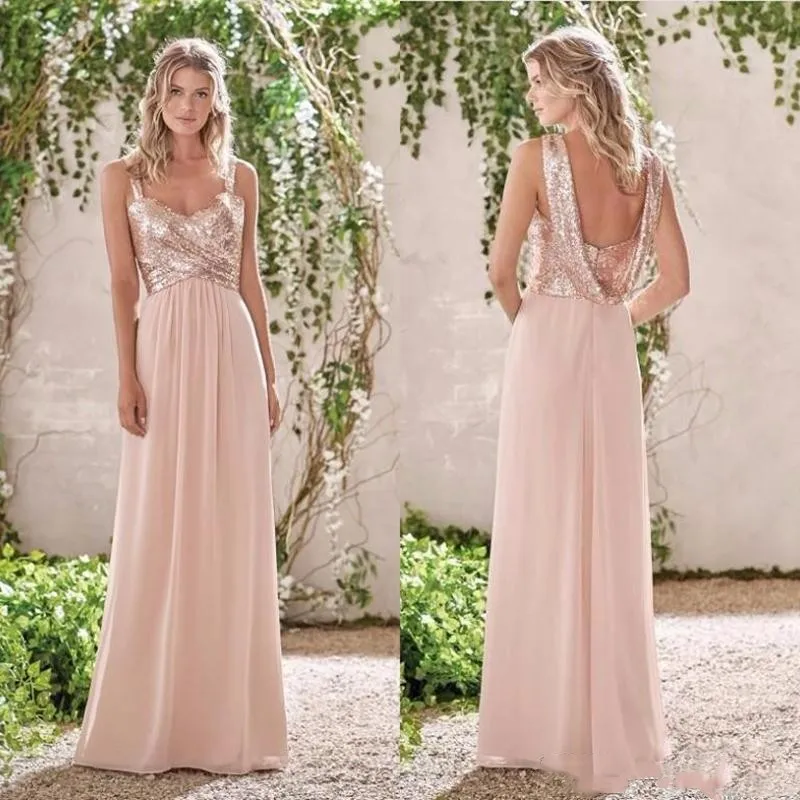 

Rose Gold Sequin Country Style Bridesmaid Dresses Plus Size A line Chiffon Maid of Honor Dress Wedding Guest Gowns