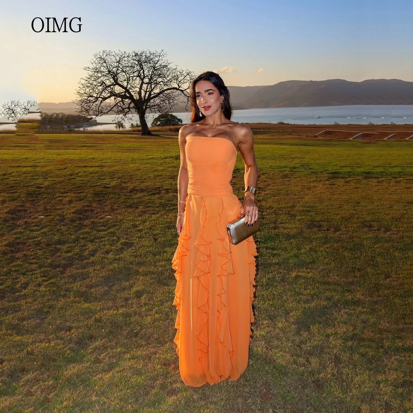 

OIMG Orange Strapless Ruffled A Line Prom Gowns Backless Party Gown Floor Length Evening Dress vestidos de festa Customized