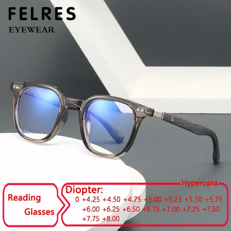 

High Strength+4.5 +5.0 +5.5 +6.0 to+8.0 Reading Glasses Men Anti Blue Light Presbyopia Glasses Designer Imitating Wood Legs