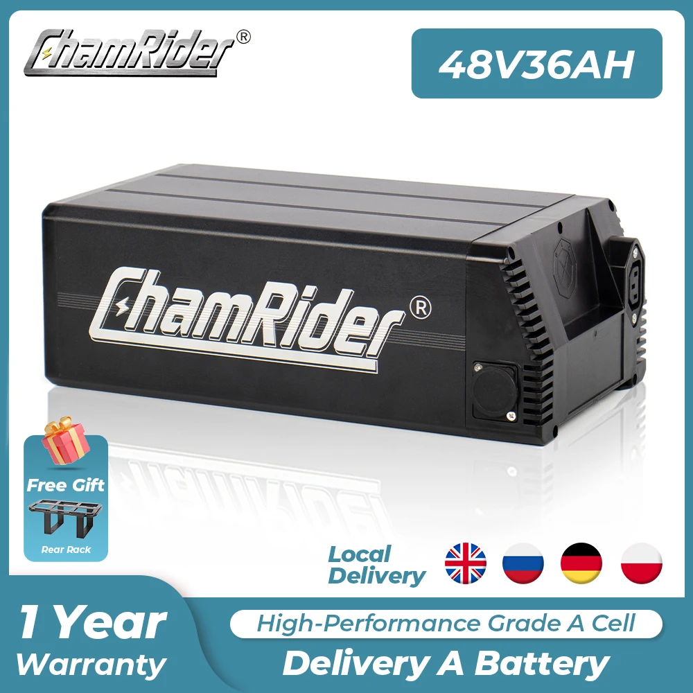 Chamrider entrega una batería 48V 36AH Ebike batería estante trasero 36V 48V 52V batería eléctrica BMS 40A 1500W LG grado A celdas