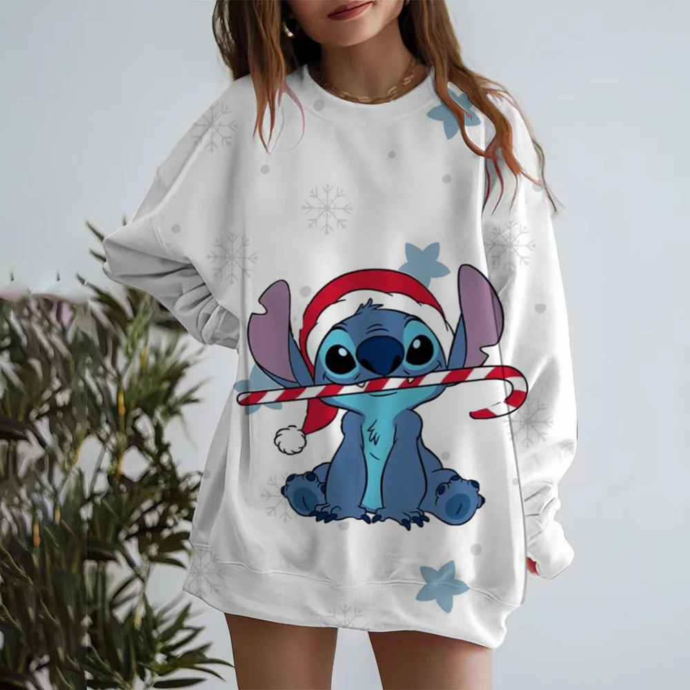 Ladies' Disney Stitch printed sweatshirt, spring and autumn round neck pullover, Korean loose fitting clothing, retro Harajuku K