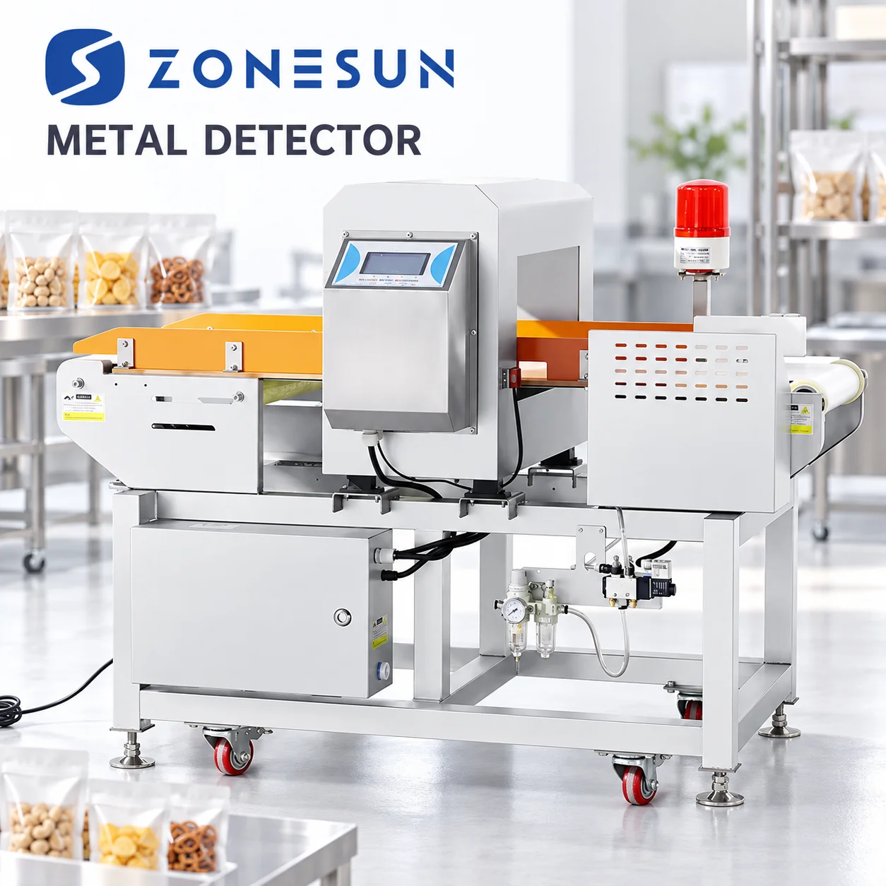 ZONESUN ZS-MD1 Metal Detector Checker Food Safety Ferreous Nonferreous Steel Impurity Rejected Rejection Bin  Production Process