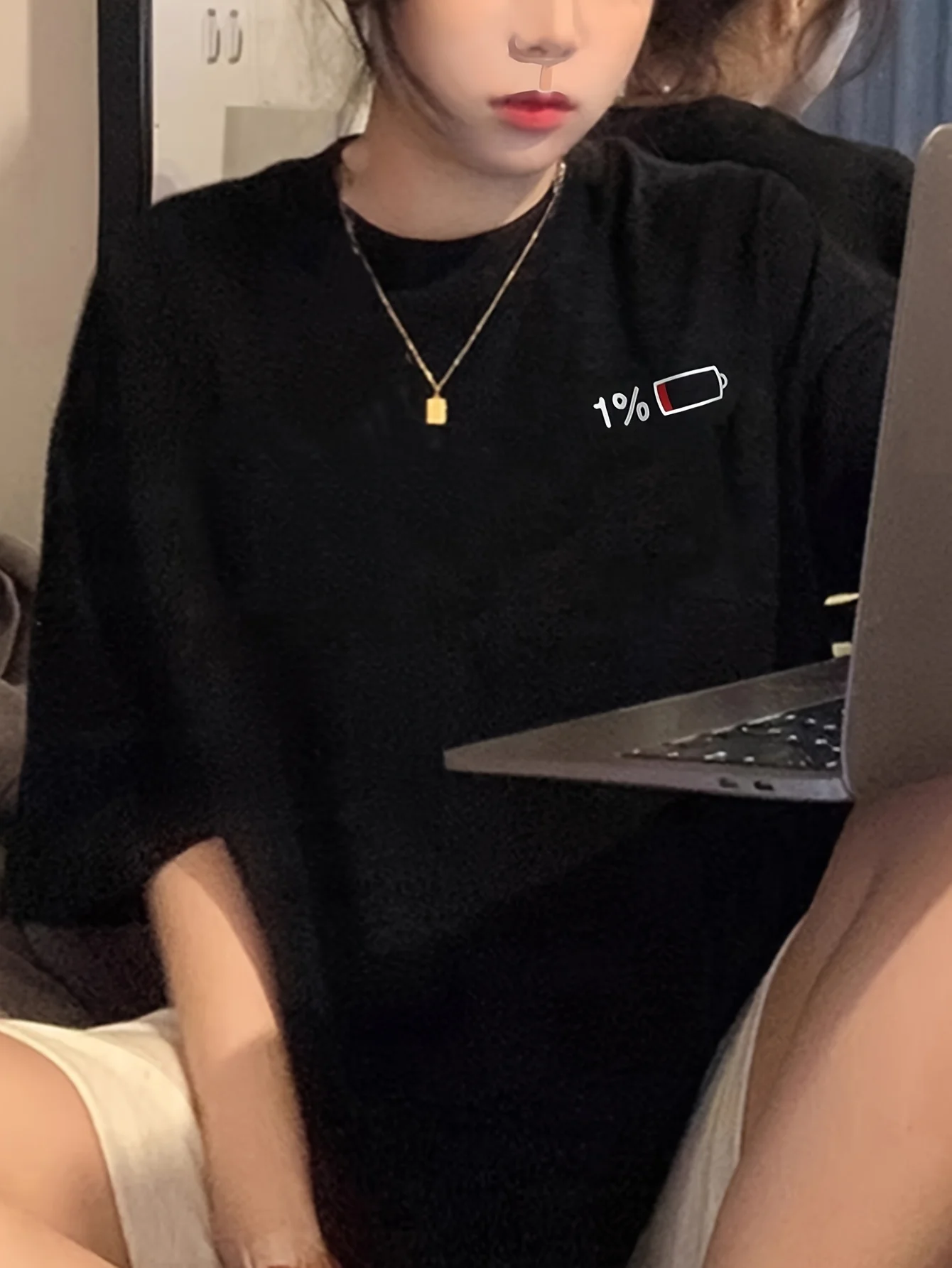 2026 Summer Women's T-shirts Casual Elegant Long T-shirt with 1% Battery Graphic Print Black Round Neck Short Sleeve Tops Tees