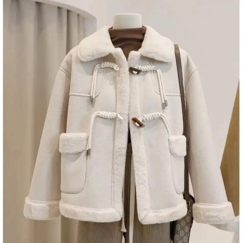 2024 New Women's Winter Jacket Fashion Solid Color Faux Fur Coat Loose-fitting Stand-up Collar Women's Clothing Coat N97