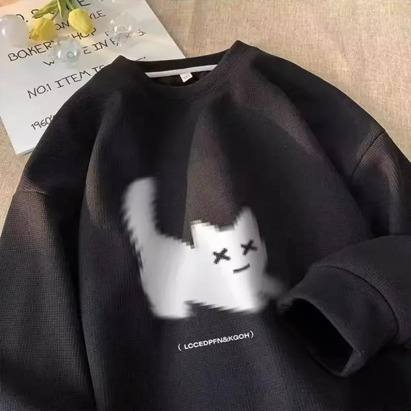 Streetwear Harajuku Waffle Cotton Kawaii Hoodies for Men O-Neck Oversized Sweatshirt Y2K Black Cat HIP HOP Punk Winter Clothes