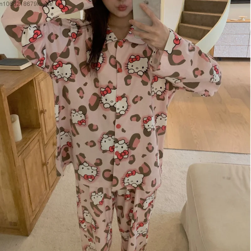 Sanrio Hello Kitty Cute Leopard Print Sleepwear Women Spring Autumn New Fashion Pajamas College Style Long Sleeve Home Suit Set