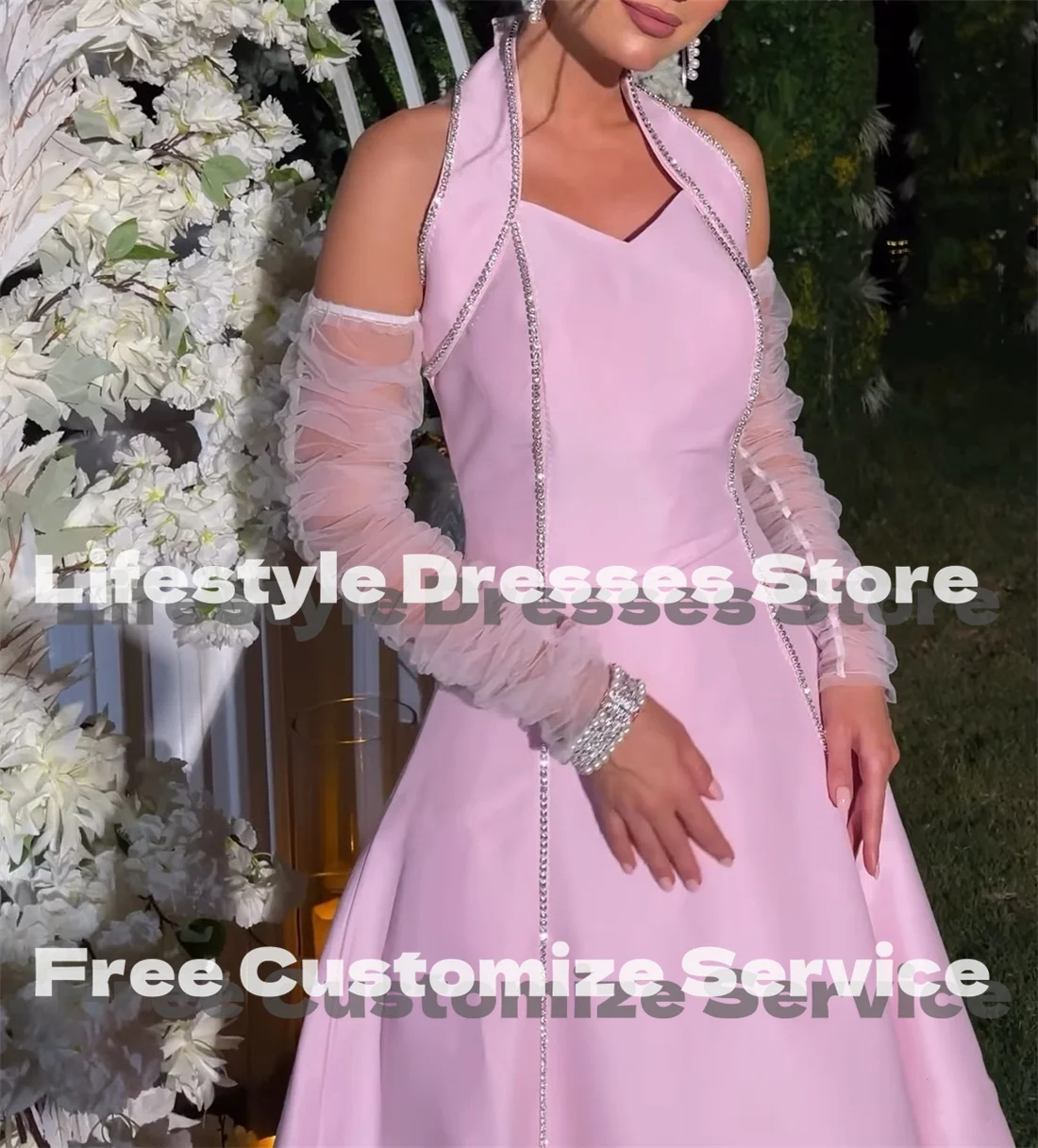 Halter Pink Satin Shiny Decor Customized Evening Dress With Tulle Gloves A-Line Formal Occasion Prom Dress Elegant Party Gown