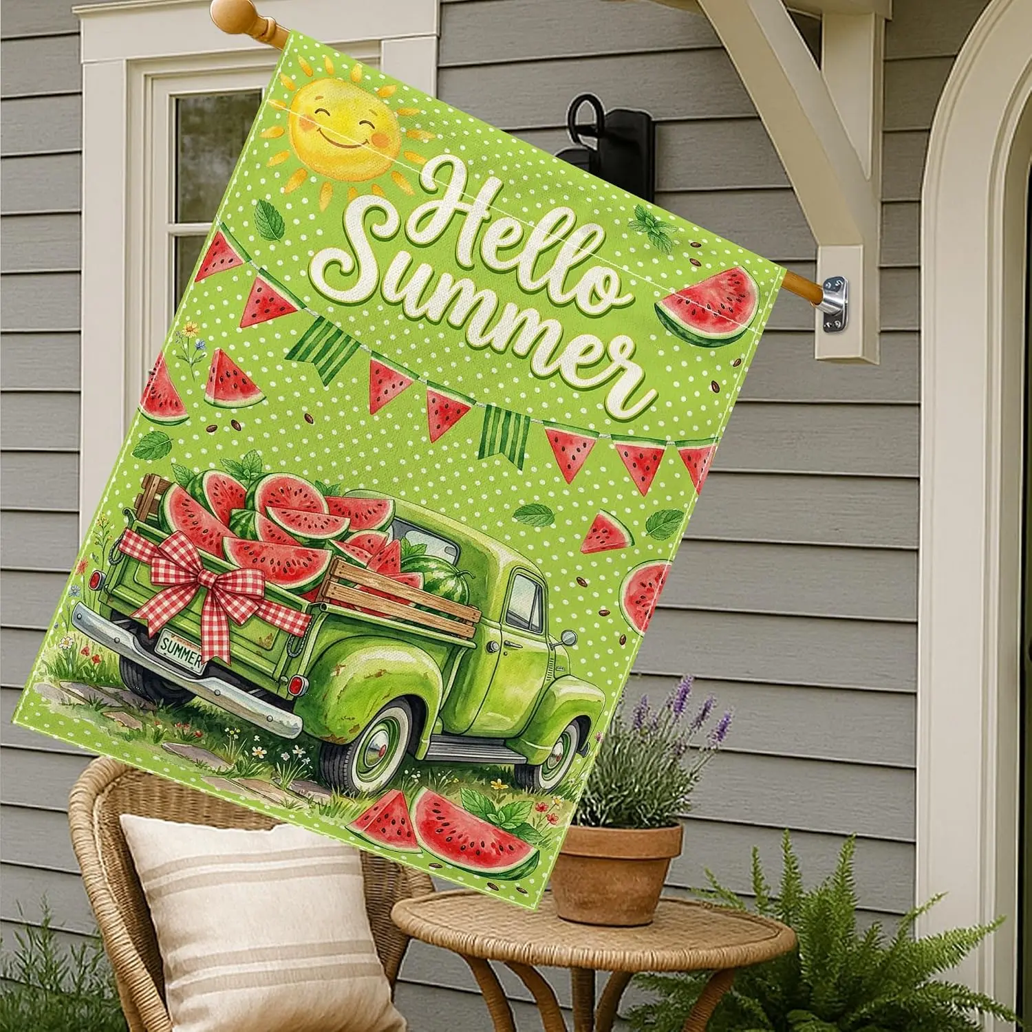 Watermelon House Flag, Summer Festive Sun Truck Summer Green Burlap Double Sided Outside Large Garden Flag for Outdoor Patio yyi