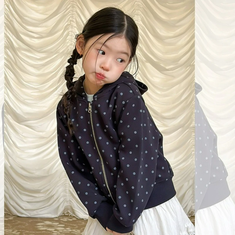 Spring Autumn Girls Hooded Sweatshirt French‑Inspired Polka‑Dot Print Sweet Cute Casual Hoodie Jacket Top for Baby & Little Kids