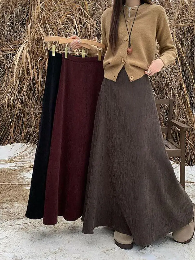

Autumn Winter Women High Waist Versatile Long Skirt Streetwear Trend Korean Version Vintage Solid Elegant Festival Pleated Skirt