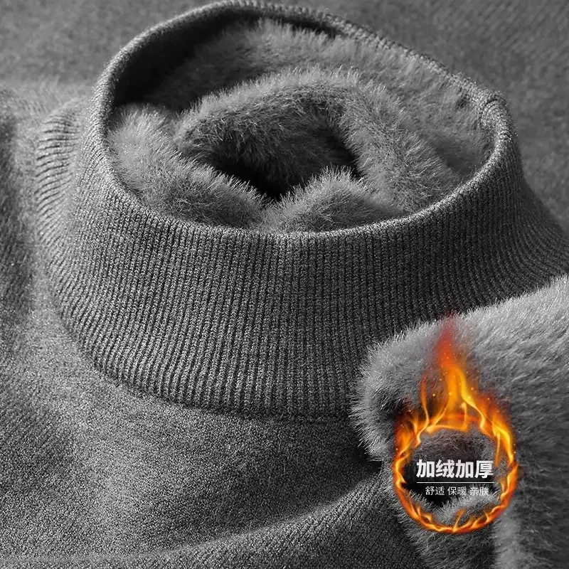 

Plush Men's Knitted Sweater Turtleneck with Velvet Padded Warm Solid Pullovers Autumn Winter Thick Bottom Casual O-Neck Sweater