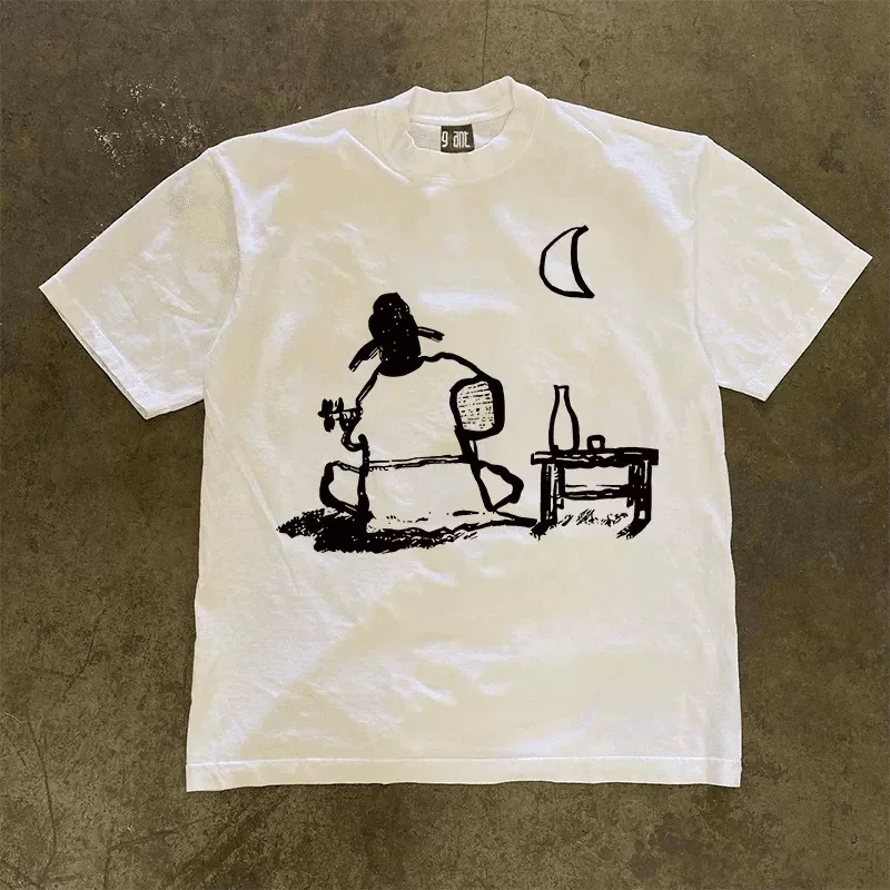 Fun Cartoon Moon Viewing Simple Design Unisex Comfortable Casual Pure Cotton Short Sleeve T-Shirt Breathable Skin-friendly
