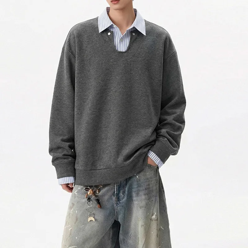 

Korean Style Pullover Sweatshirts 2026 New Men's Stripe Patchwork Sweatshirt Fake Two Piece V Neck Loose Fit Streetwear Pullover