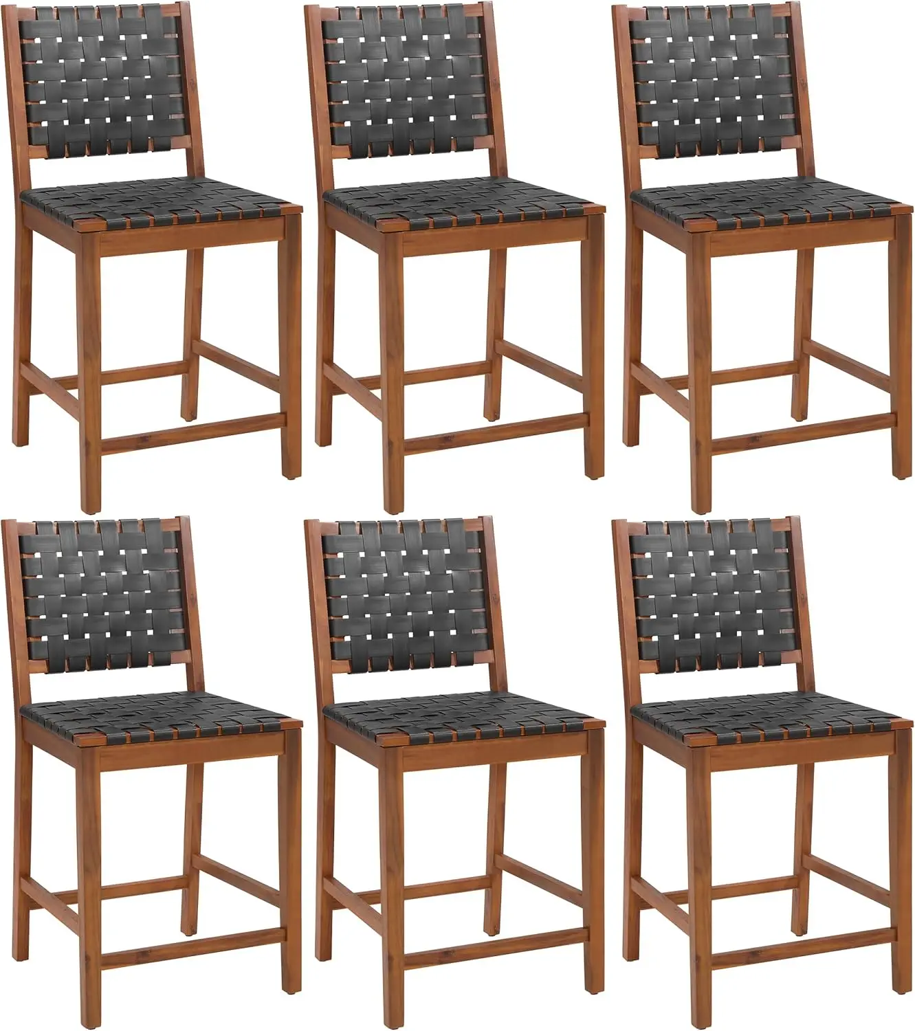 Counter Height Barstools Set of 6-24" Faux Leather Woven Counter Stools with Backs & Footrest Legs,Outdoor, Kitchen Island & Pub