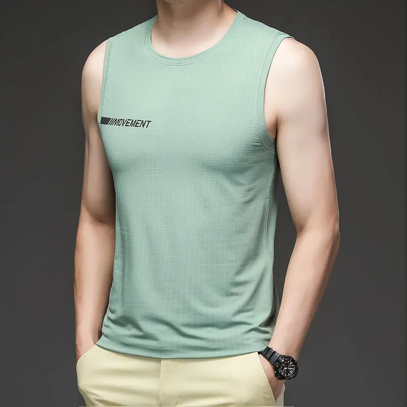 Men's Vest Summer Ice Silk Hollow Out Breathable Stretch Slim Sleeveless Top Wide Shoulder Summer Youth Fashion Undershirt