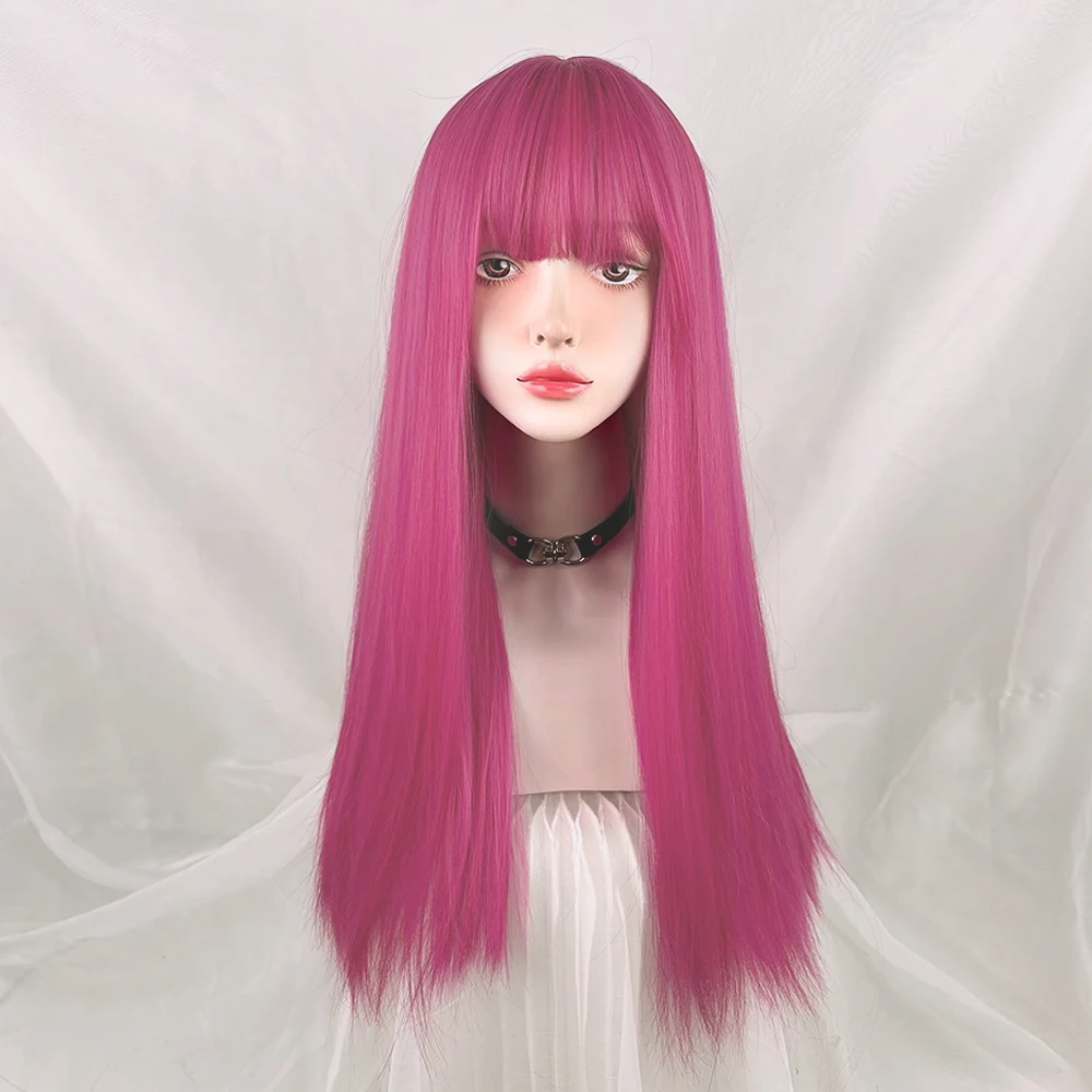 Women's Long Straight Hot Pink Wig With Bangs Synthetic Y2K Heat Resistant Wig For Cosplay Daily Costume Party Use Fake Hair