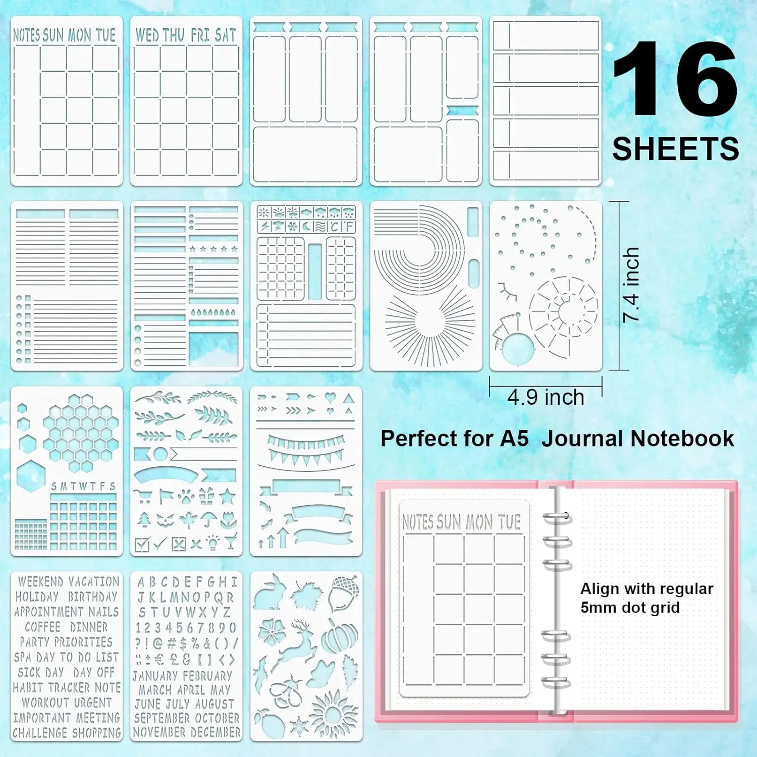 16PCS A5 Journal Stencil Templates 7.4 X 4.9 Inch Planner Layout Drawing Stencils for Notebook DIY Design